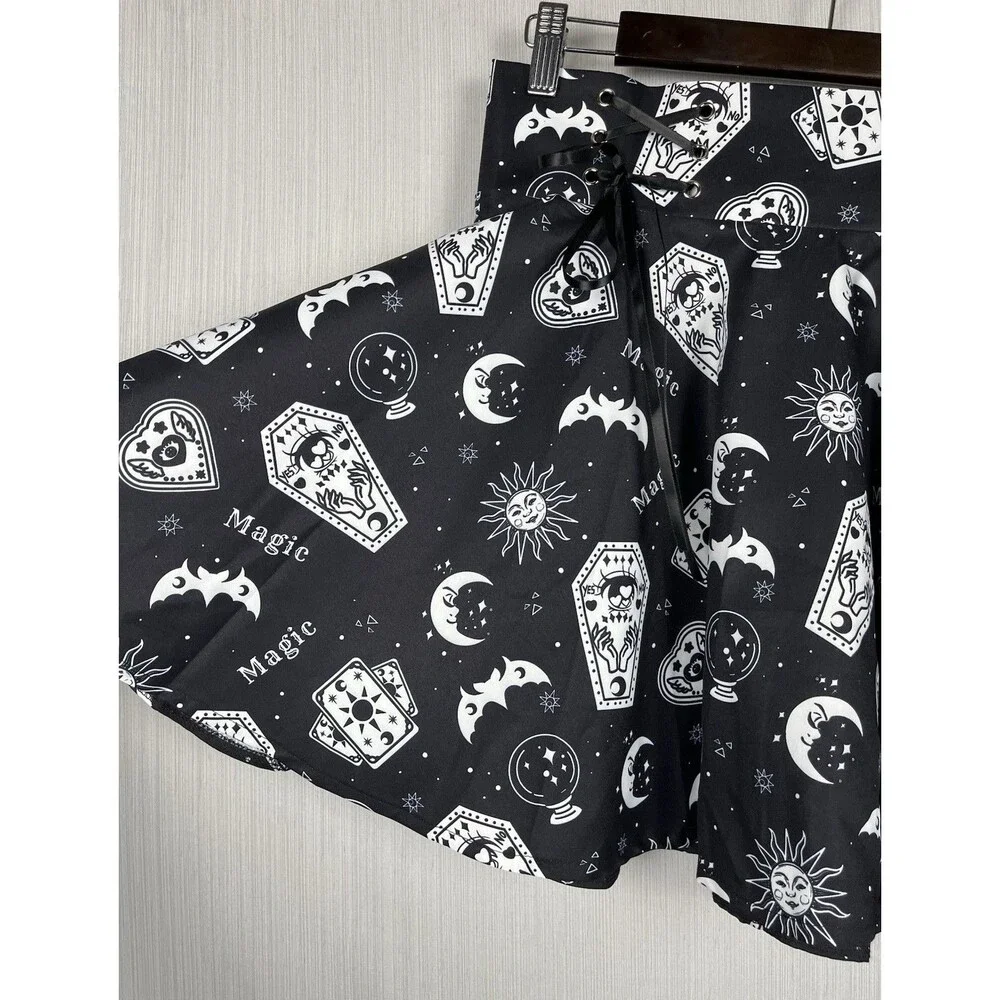 ROMWE Circle Skater Skirt Womens M‎ Black Tarot Print Whimsigoth Witchy